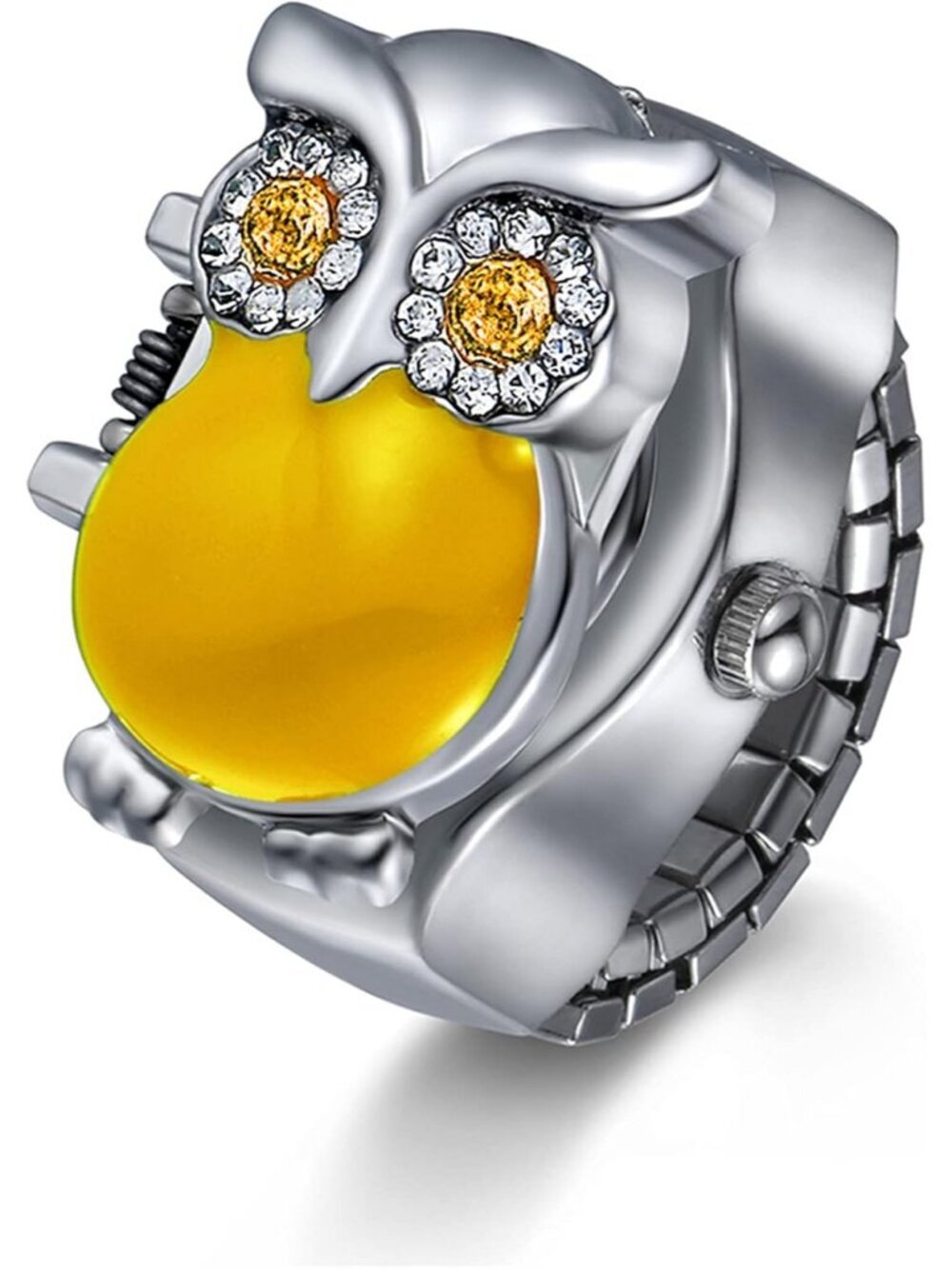Unisex Yellow Analog Quartz Stylish Owl Flip-Open Cover Adjustable Ring Watch